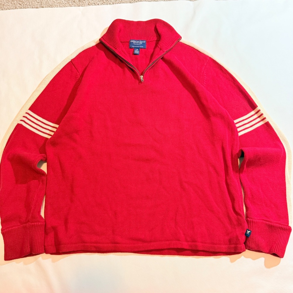 American Eagle Quarter Zip Sweater Mens L Red Vintage 90s Racing Stripe Cotton